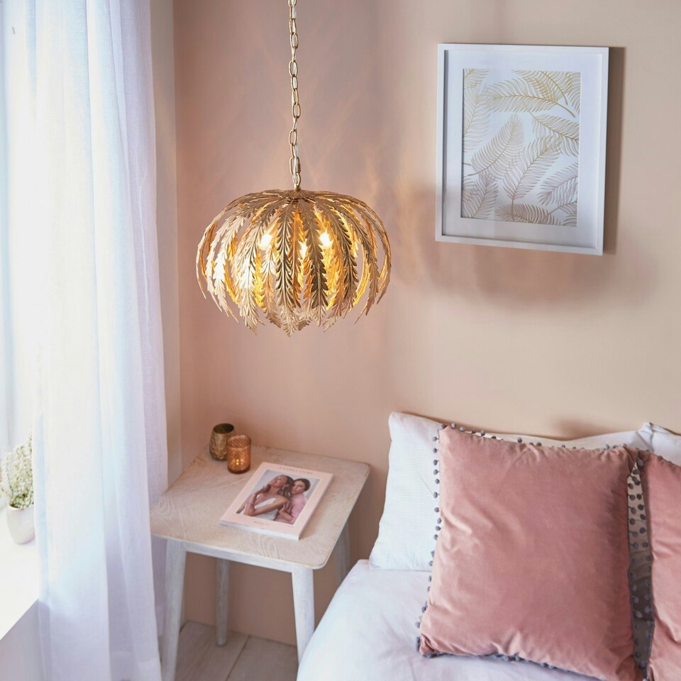 image 1 of Delphine Floral Leaves 3 Light Spherical Pendant Gold Paint, E14