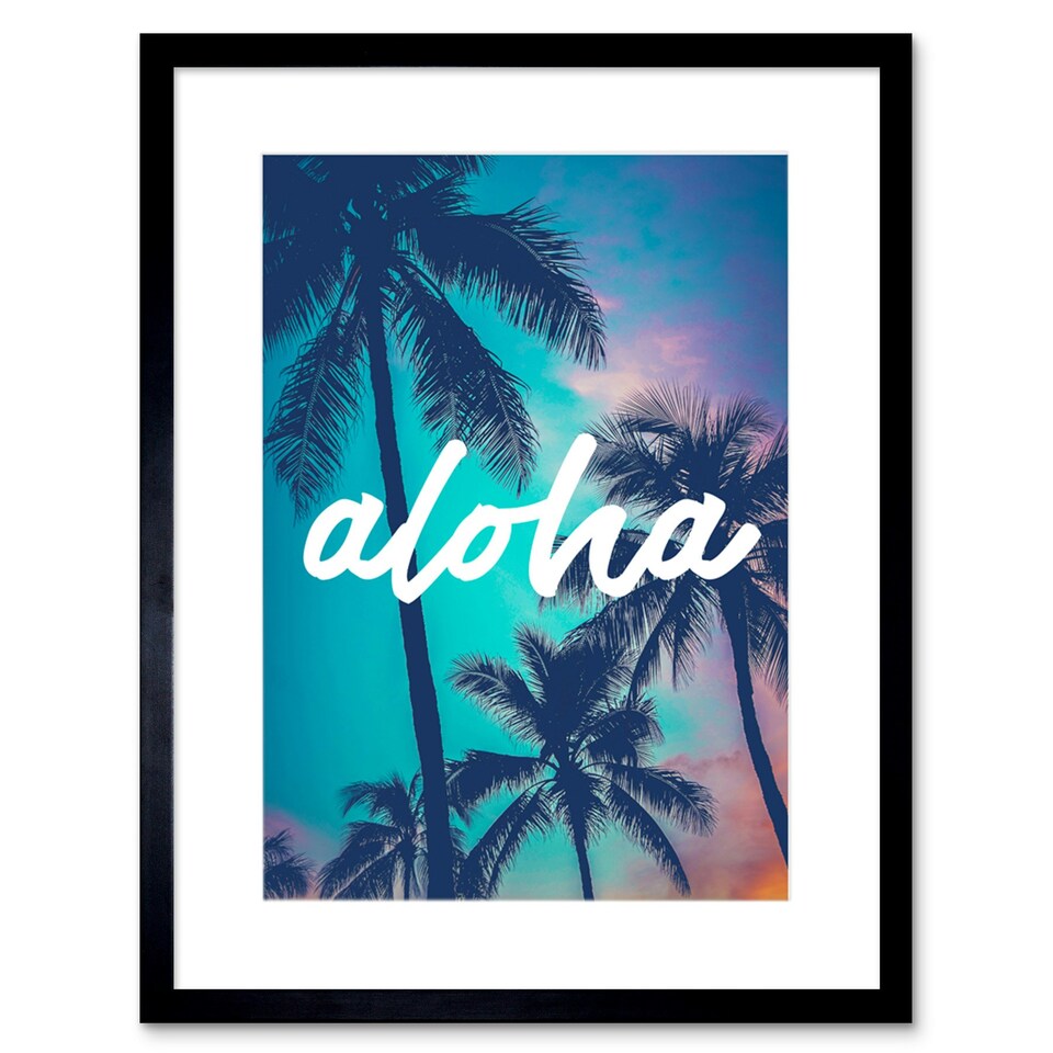 image 1 of Aloha Palm Trees Summer Hawaii Sunset 9x7" Black Framed Wall Art Print