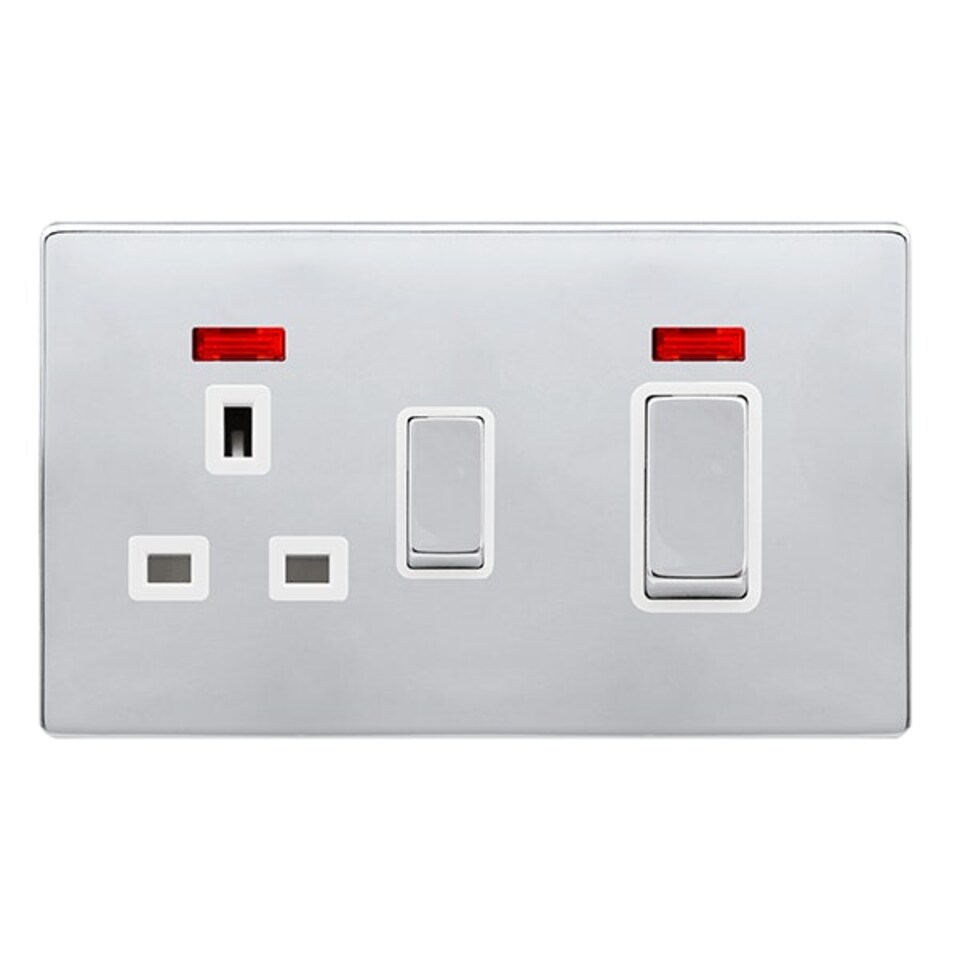 SE HOME Polished Chrome Screwless Plate Cooker Control Ingot 45A With 13A Switched Plug Socket & 2 Neons - White Trim - SE Home White | Polished