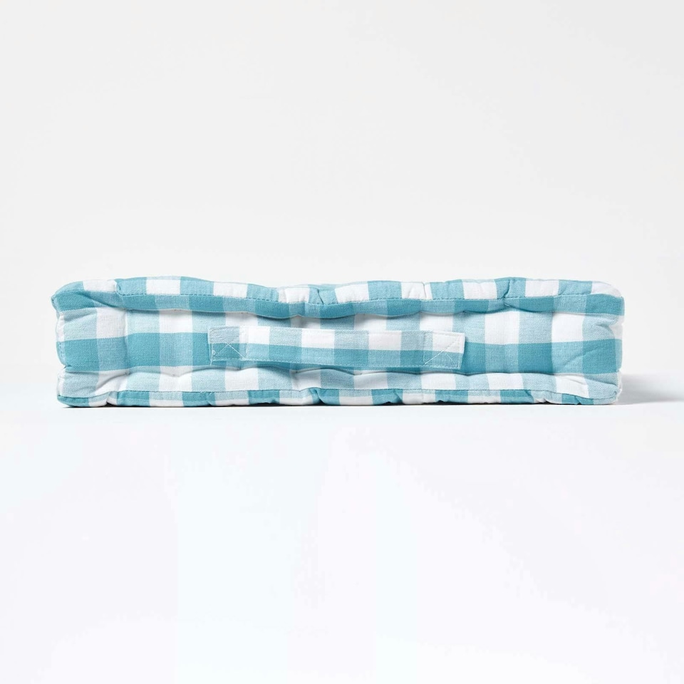 image 1 of Homescapes Blue Block Check Cotton Gingham Floor Cushion - 40 x 40 cm | Blue | 40 x 40 cm