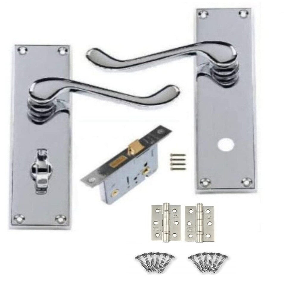 Golden Grace Victorian Scroll Bathroom WC Toilet Door Handles in Polished Chrome Finish with (GG) Mortise Lock & 1 Pair of 3" Ball Bearing Hinges - 150mm x 40mm Chrome