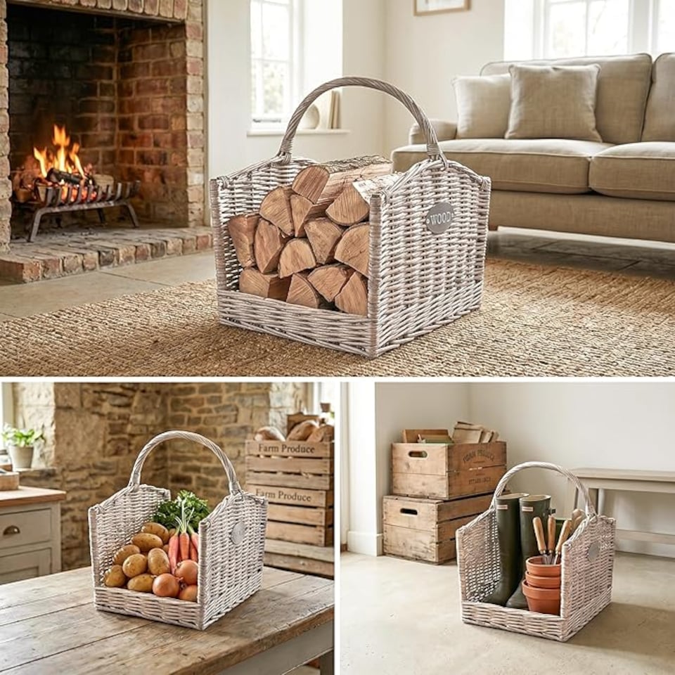 image 1 of Wickerfield Wicker Log Basket, Grey Firewood Basket With Handle, Rustic Fireside Wood Storage Basket For Fireplace, Wood Burner And Kindling (Set (L+M))