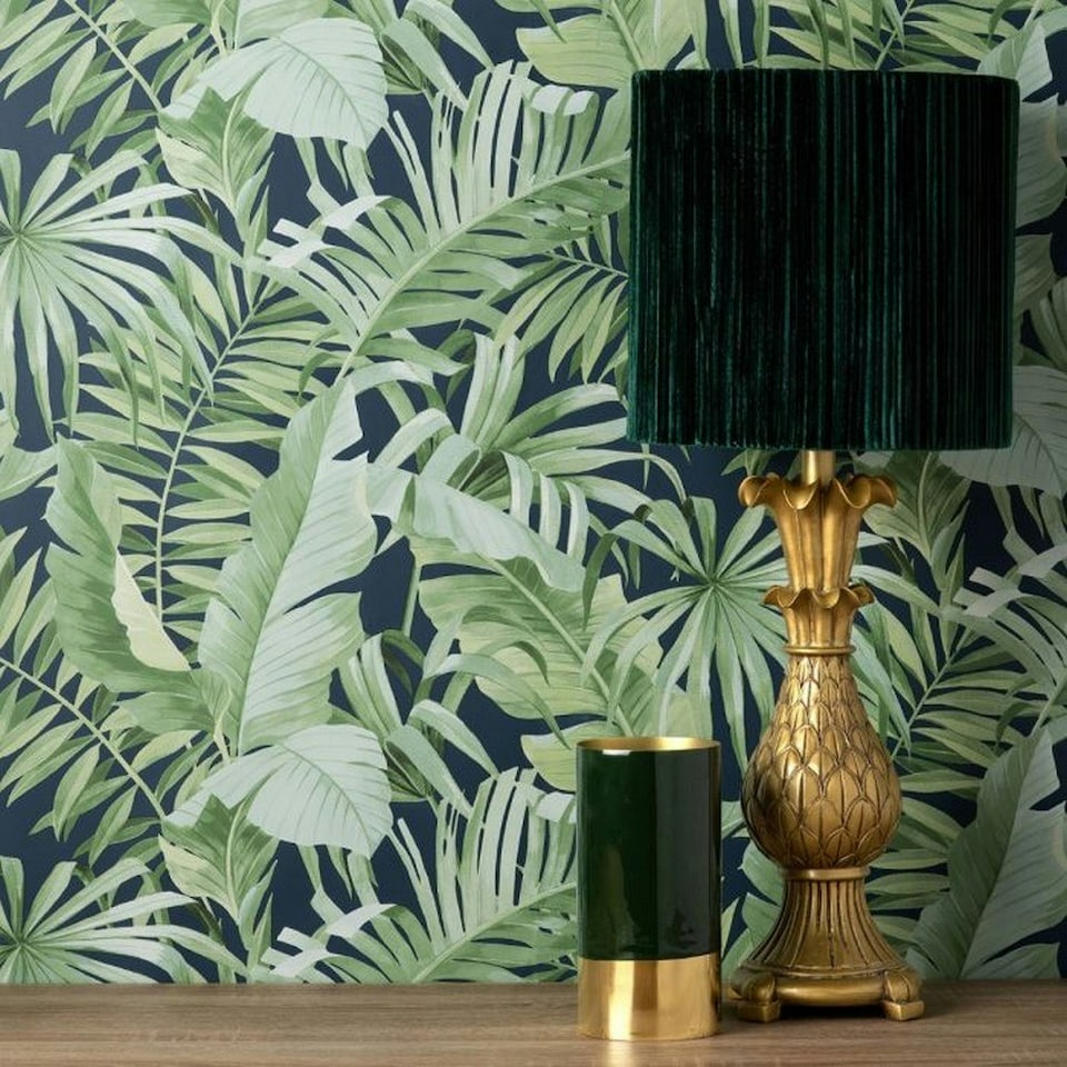 image 1 of Fine Decor Maui Leaf Wallpaper - Navy - One Size Blue