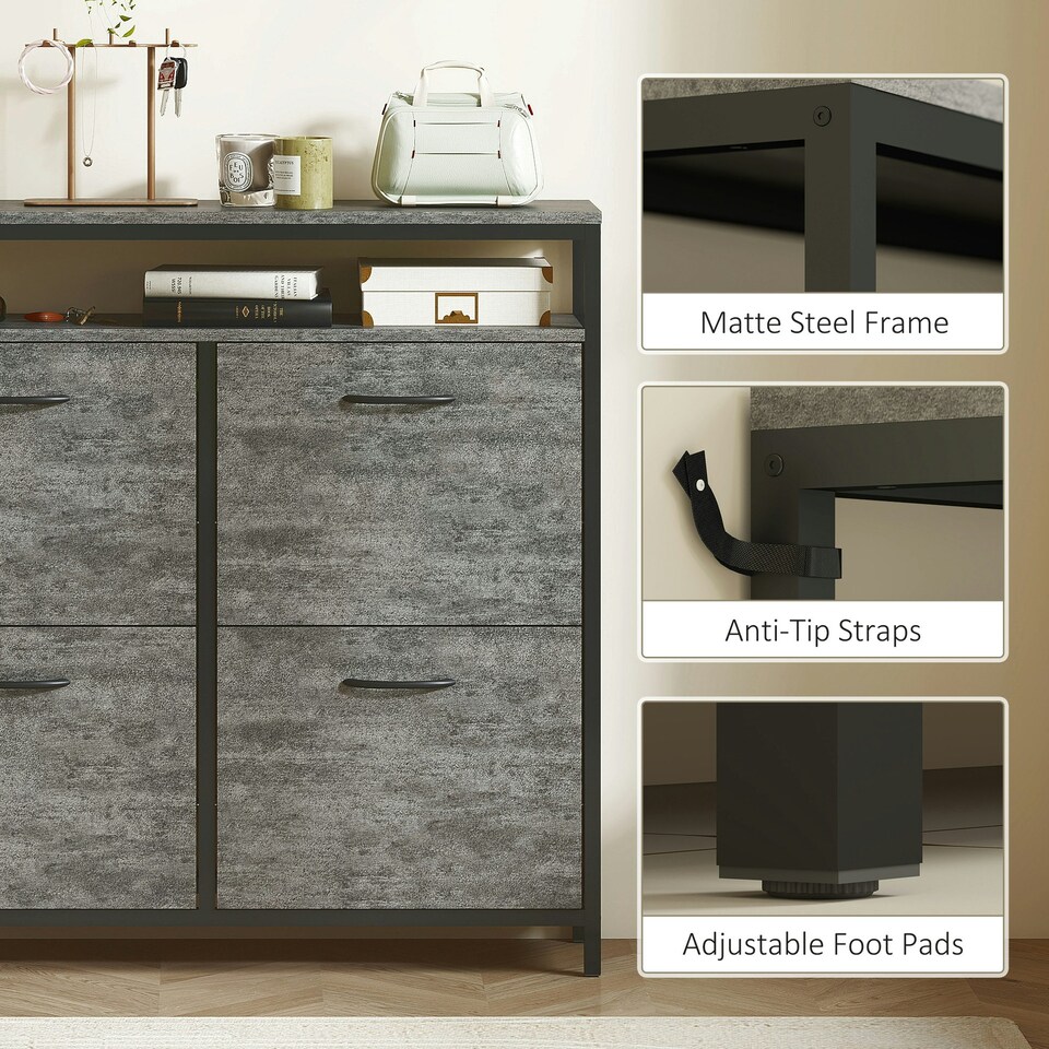 image 1 of HOMCOM Shoe Cabinet with 4 Flip Drawers, Holds 12-20 Pairs | Grey | 98W x 24D x 95H cm | 1