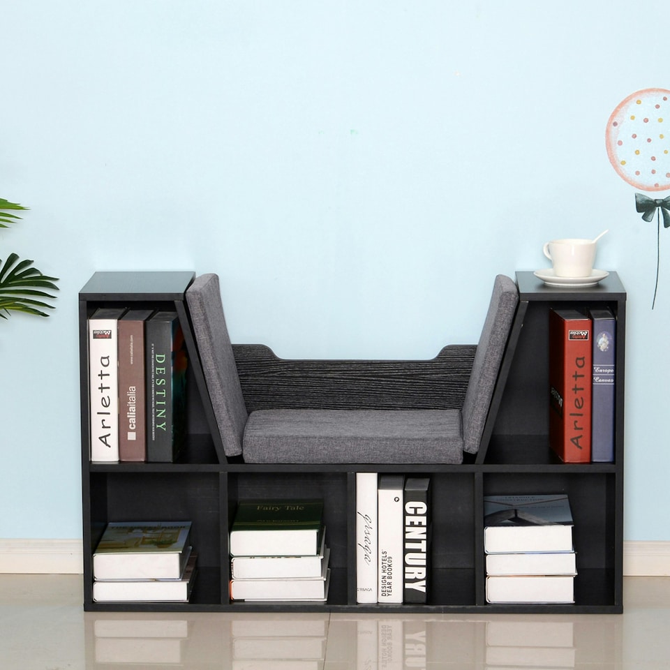 image 1 of HOMCOM Cube Bookshelf Organizer with Reading Seat, Six Cubes, Black