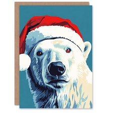 Polar Bear With Santa Hat Blue Red Blank For Him Or Her Art Xmas Festive Christmas Card