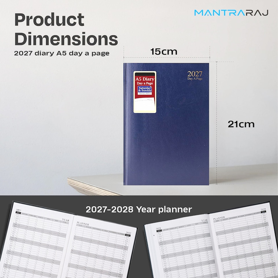 image 1 of MantraRaj 2027 Diary A5 Day a Page Hardback Casebound Cover Desk Diary Organiser Planner Blue
