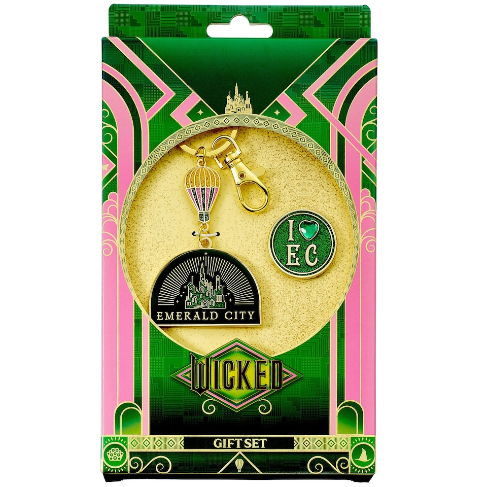 image 1 of Wicked Emerald City Hot air Balloon Keyring & Pin badge Gift Set