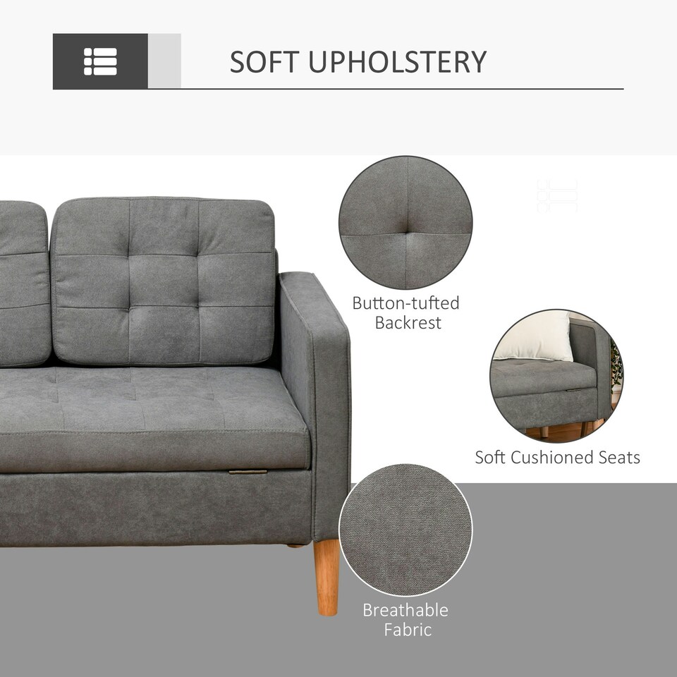 image 1 of HOMCOM Modern 3 Seater Sofa with Hidden Storage and Rubber Wood Legs, Grey
