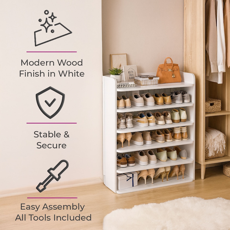 image 1 of Neo White 6 Tier Wooden Shoe Rack Space-Saving Cabinet Organiser Shelving Storage Shelf for Entryway Hallway Closet Bedroom
