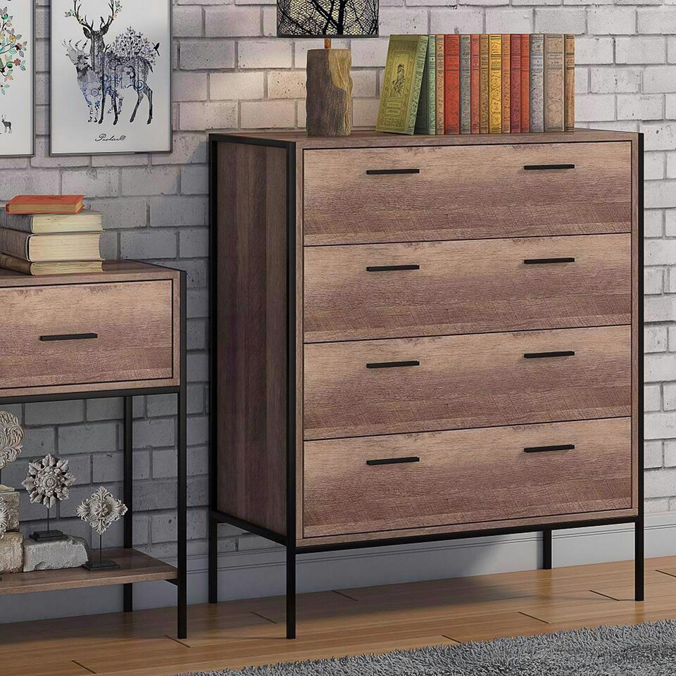 image 1 of FWStyle Loft Industrial 4 Drawer Chest Of Drawers Wood Effect Black Metal Frame