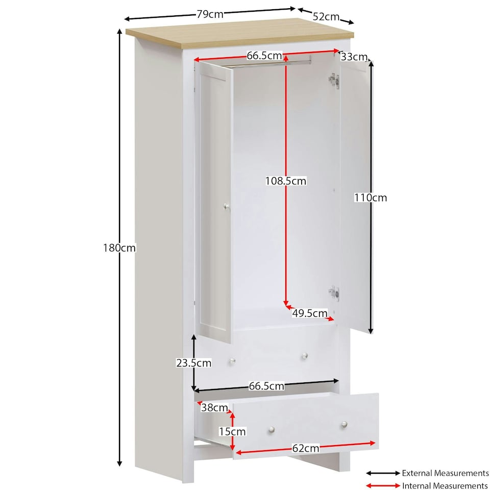 image 1 of Vida Designs Arlington 2 Door 2 Drawer Wardrobe With Shelf & Clothes Rail, White & Oak