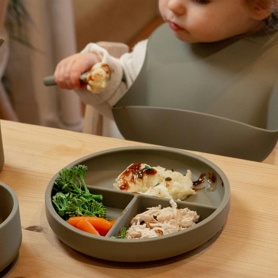 image 1 of Tiny Dining Baby Divided Silicone Suction Plate - Silver Sage Green