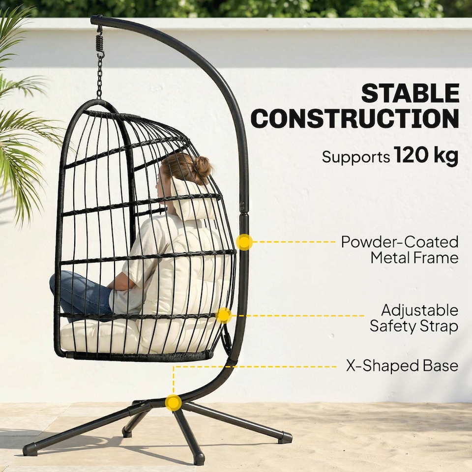 image 1 of Outsunny Hanging Egg Chair, Outdoor Swing Chair with Stand, Black/Cream | Black | Black/Cream White | One Size