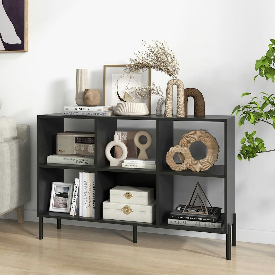 image 1 of COSTWAY Wooden Storage Bookcase 6 Cube Bookshelf Rack Black Black