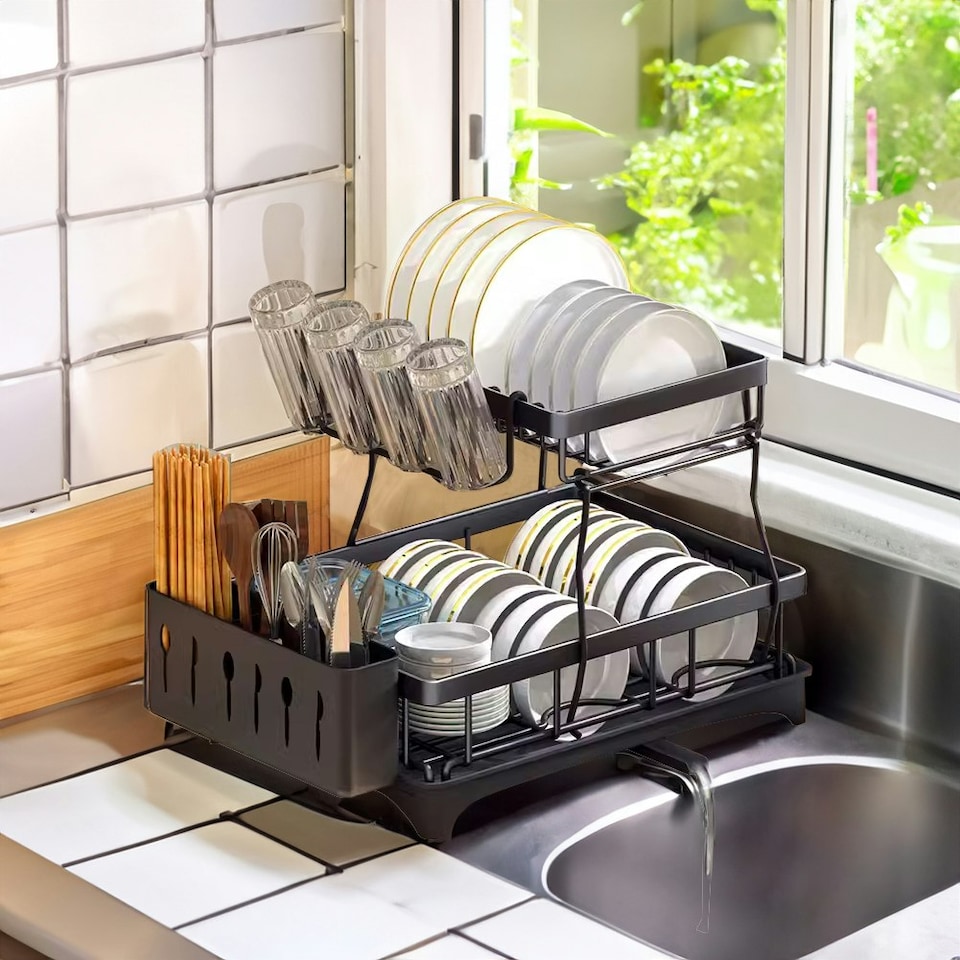 image 1 of Living and Home Steel Dish Rack with Utensil and Glass Holder - Black