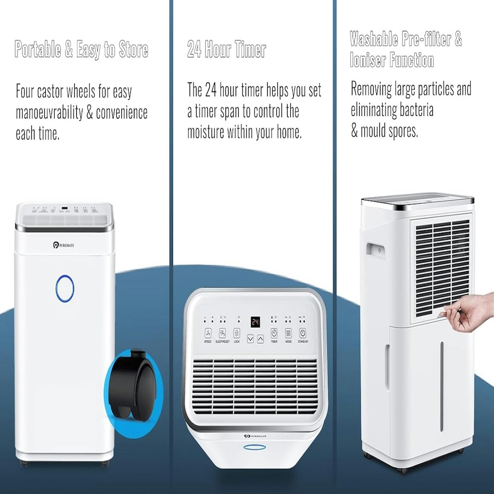 image 1 of PureMate 20 Litre Dehumidifier with Ioniser, Continuous Drainage Hose and Sleep Mode