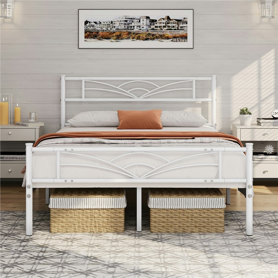 image 1 of Yaheetech Metal Platform Bed Frame with Cloud-inspired Design Headboard Antique White, 4ft6 Double