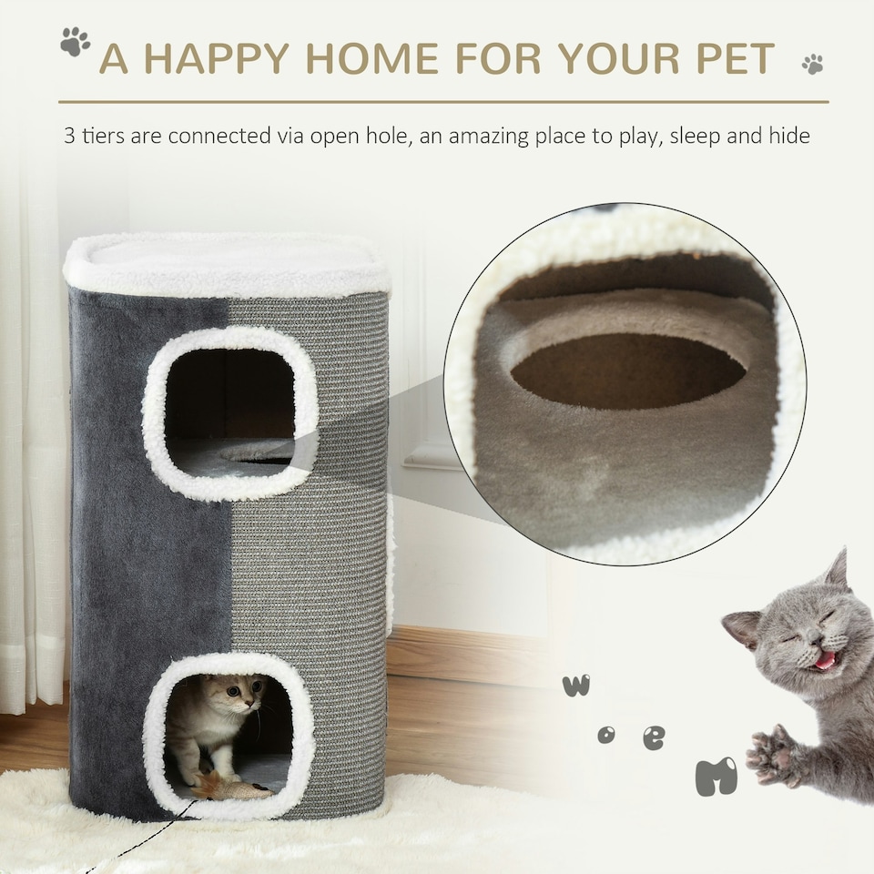 image 1 of PawHut Cat Barrel Scratching Post Tree, Plush Fleece Indoor Cat Tower, Grey