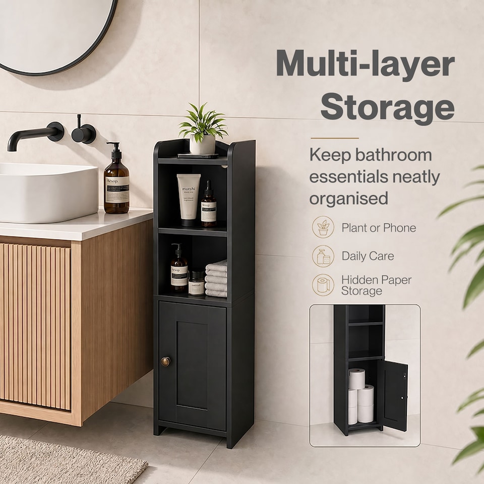 image 1 of Levede Bathroom Cabinet Slim Corner Storage Adjustable Shelves PB MDF Black