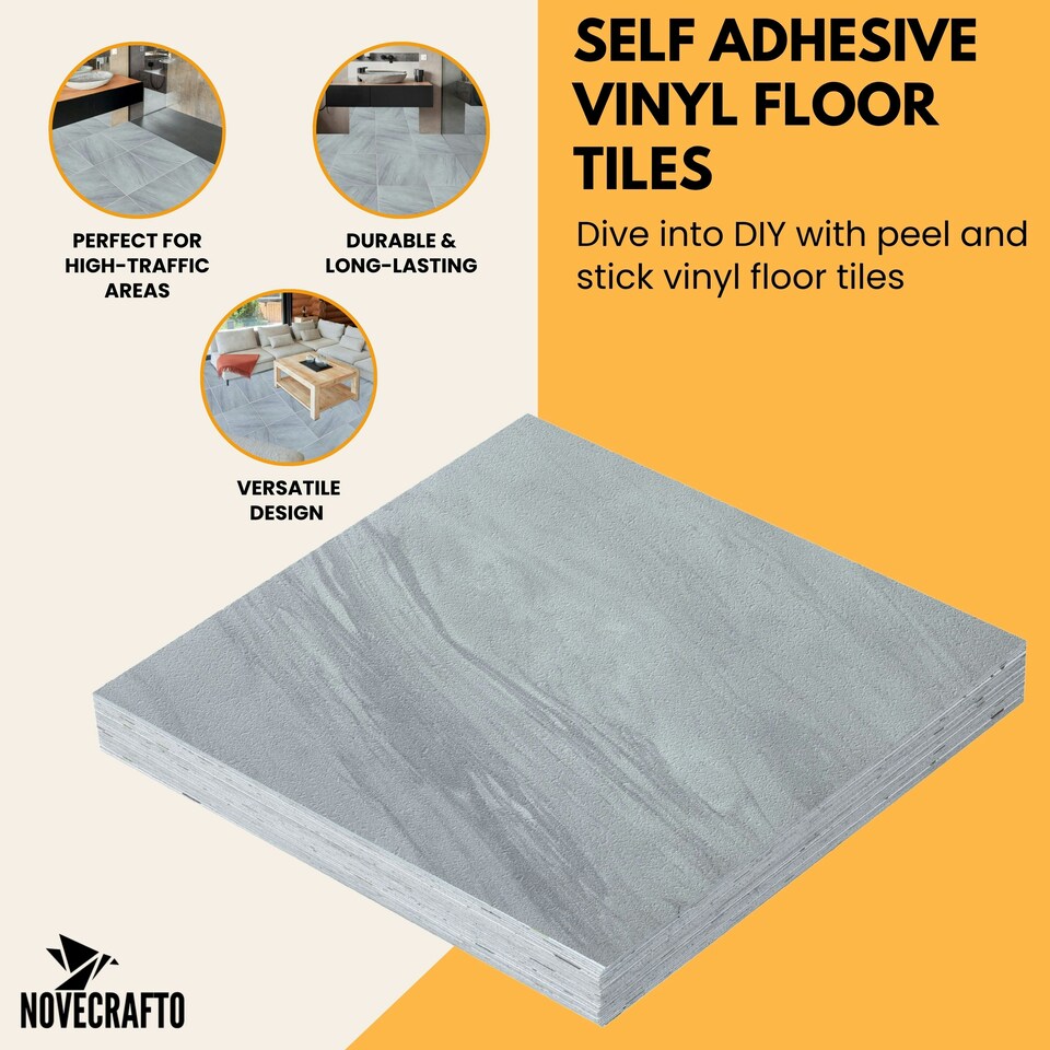 image 1 of NOVECRAFTO Vinyl Floor Tiles Self Adhesive – 18x18in Peel and Stick Waterproof Square Flooring for Kitchen, Bathroom & More – Grey White Marble Design Grey | 2.09 sqm