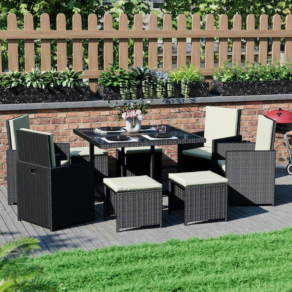 image 1 of Garden Vida Cuba 8 Seater Rattan Set Folding Chair Stool Dining Table Outdoor Garden Furniture, Black