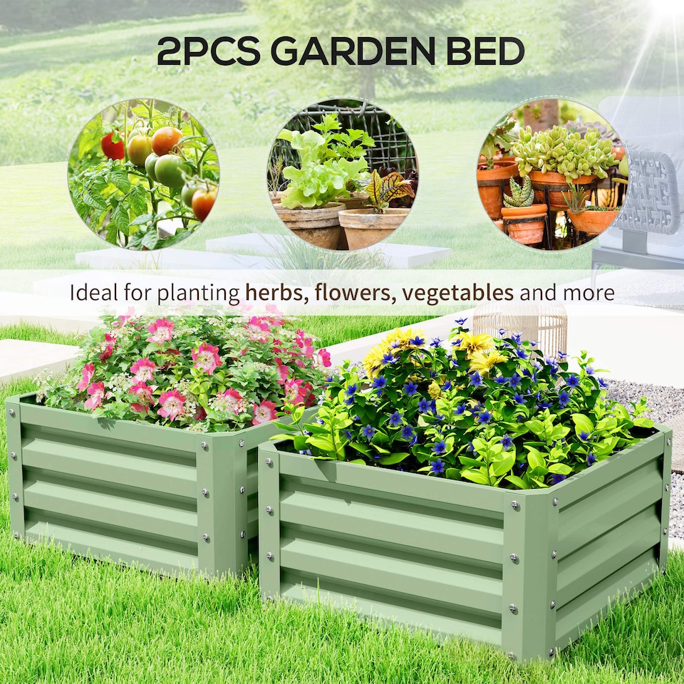 image 1 of Outsunny Set of 2 Raised Garden Bed Galvanised Planter Box, Light Green | Green
