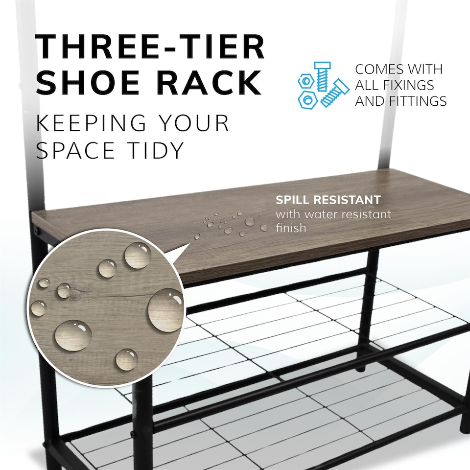 image 1 of House of Home Coat Rack Stand with Shoe Storage Bench 9 Hooks Rustic Light Brown Entrance Hall | Brown | Light Brown