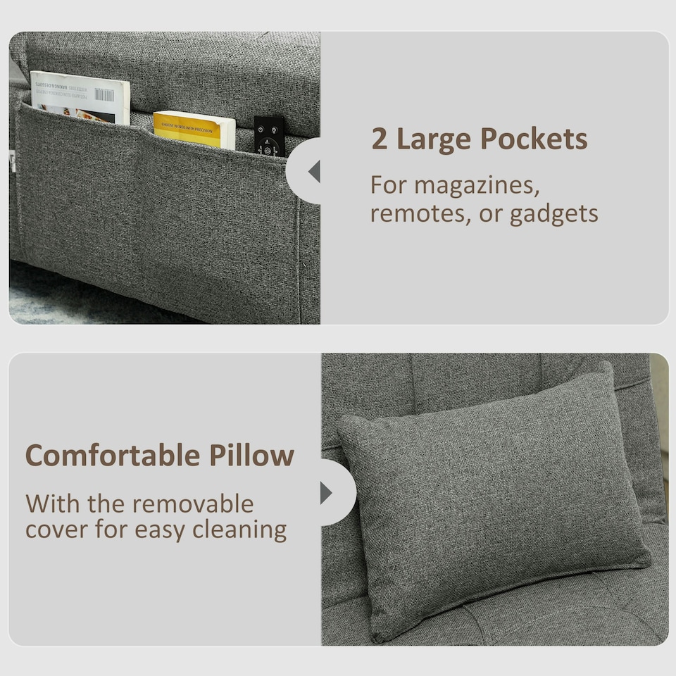 image 1 of HOMCOM 4-in-1 Pull Out Sleeper Chair Bed with Pockets, Charcoal Grey 