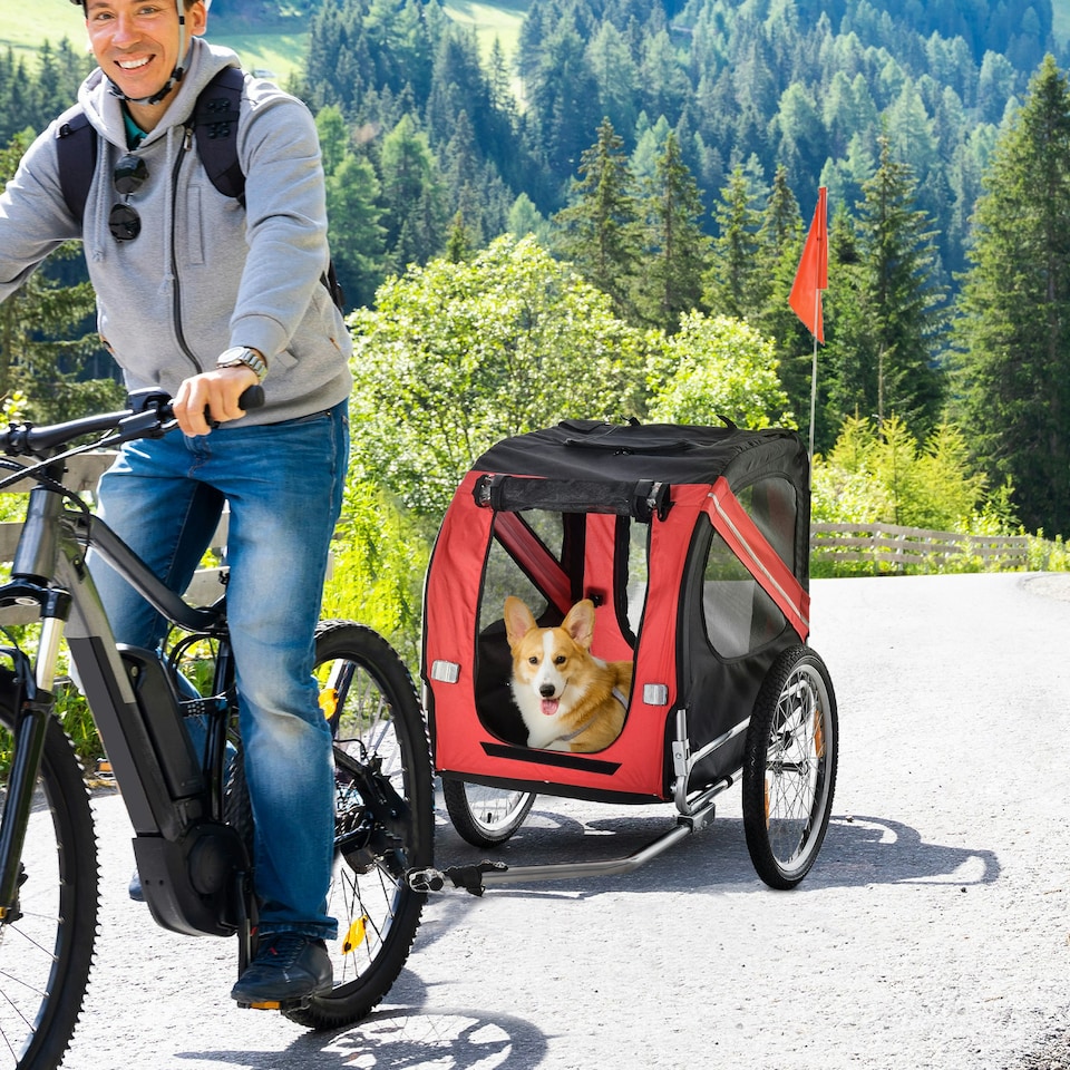 image 1 of PawHut Pet Bicycle Trailer Dog Cat Bike Carrier Water Resistant Red Outdoor