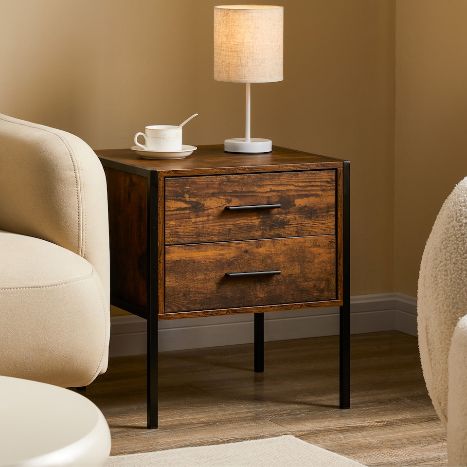 image 1 of Vida Designs Brooklyn 2 Drawer Bedside Cabinet Industrial Cabinet Table Nightstand, Dark Wood