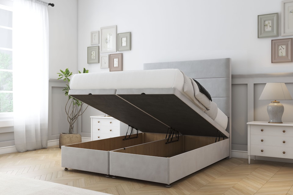 image 1 of Sloomy Texas Silver Plush Ottoman Bed With Mattress With 26" Strutted Headboard 4' Small Double