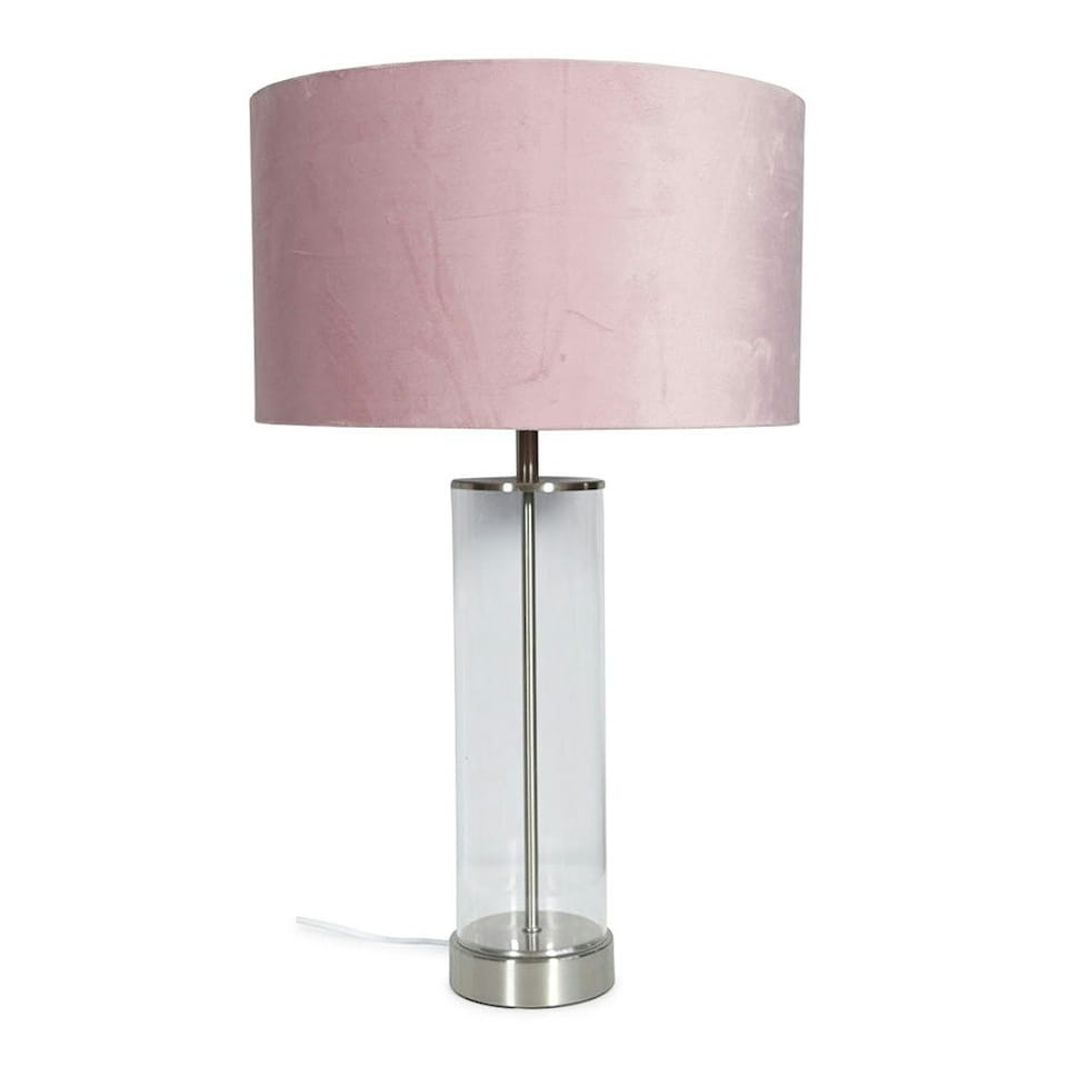 image 1 of ValueLights Clear Tube and Brushed Chrome Metal Bedside Table Lamp with a Blush Pink Velvet Shade
