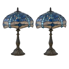 Set of 2 Beaumont - Tiffany Dragonfly Coloured Glass 47cm Table Lamps