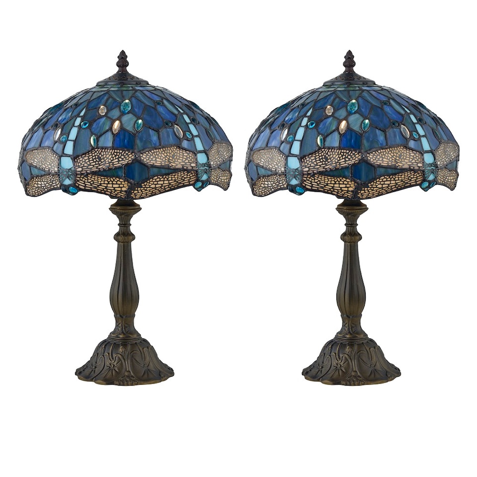 image 1 of Set of 2 Beaumont - Tiffany Dragonfly Coloured Glass 47cm Table Lamps