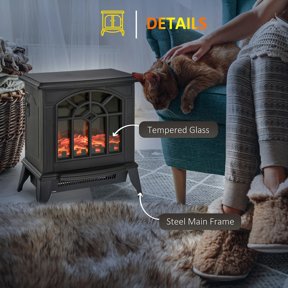 image 1 of HOMCOM Freestanding Electric Fireplace Heater w/ LED Flame 1000W/2000W Black