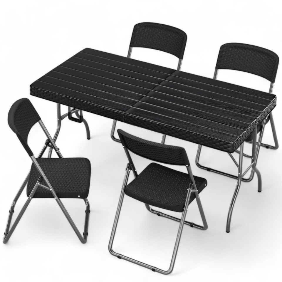 image 1 of 5Ft Rattan Effect Garden Folding Table and Chairs Garden Set - Black | Black | 5