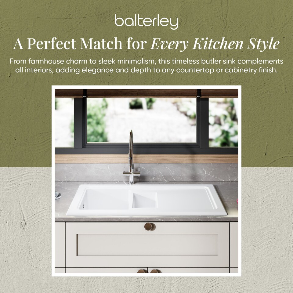 image 1 of Balterley 101cm Inset Counter Top 1.5 Bowl Fireclay Ceramic Kitchen Sink with Plain Drainer | White | White | 1