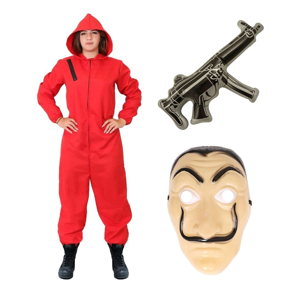 image 1 of Bank Robber Costume, Mask & Inflatable Gun Red | L