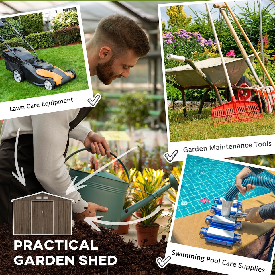 image 1 of Outsunny 9 x 6ft Metal Garden Shed, Outdoor Storage Tool House with Ventilation Slots, Foundation Kit and Lockable Double Doors, Light Brown