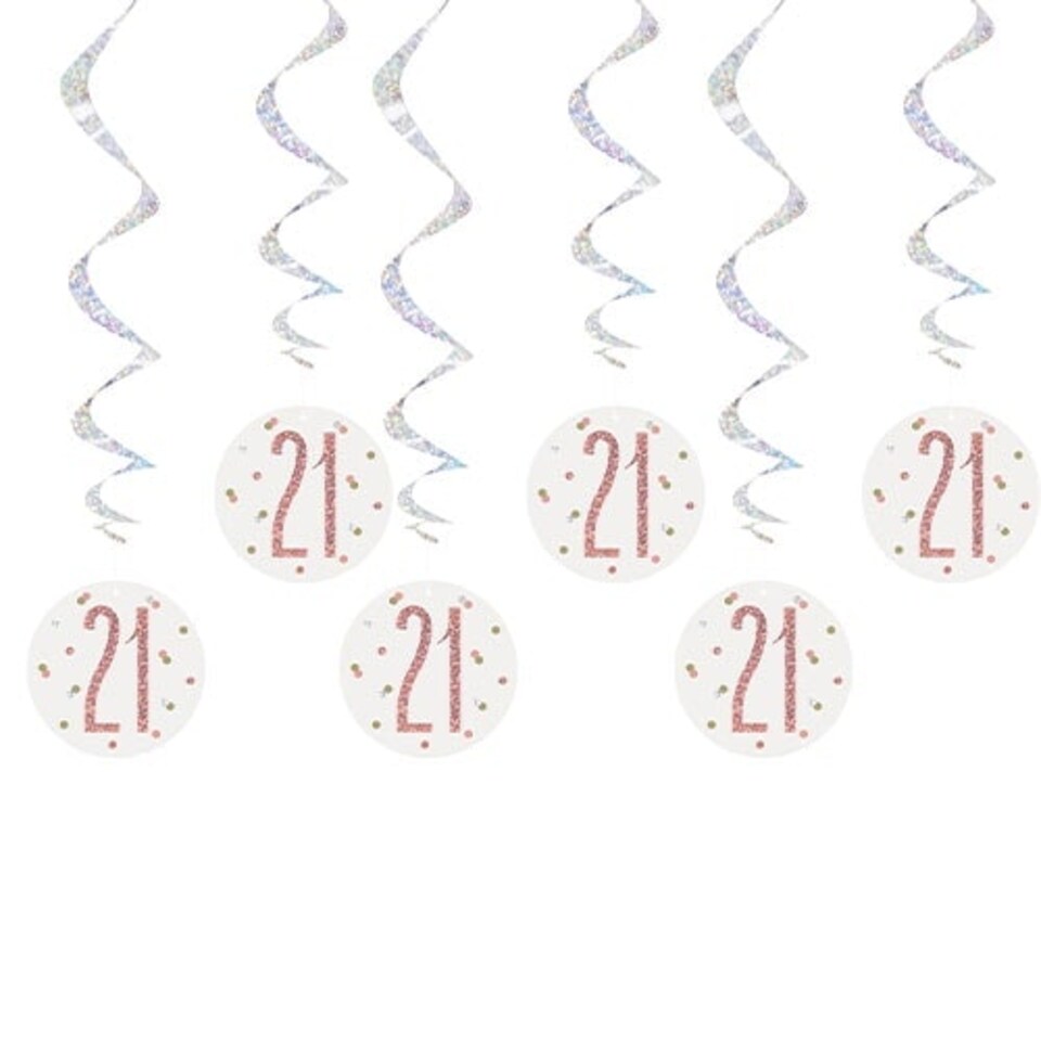 Rose Gold Glitz Age 21 Holographic Hanging Swirl Decorations - Pack of 6