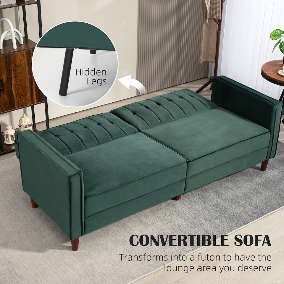 image 1 of HOMCOM Convertible Sofa Bed, 189cm Click Clack 3 Seater Sofa Bed, Button Tufted Velvet Sleeper Couch with Split Reclining Backrest and Rubber Wood Legs, Green