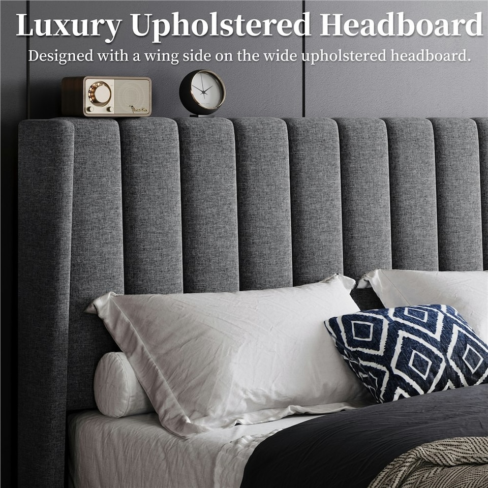 image 1 of Yaheetech 150 cm W × 200 cm L  Upholstered Bed Frame with Wing Side Dark Grey