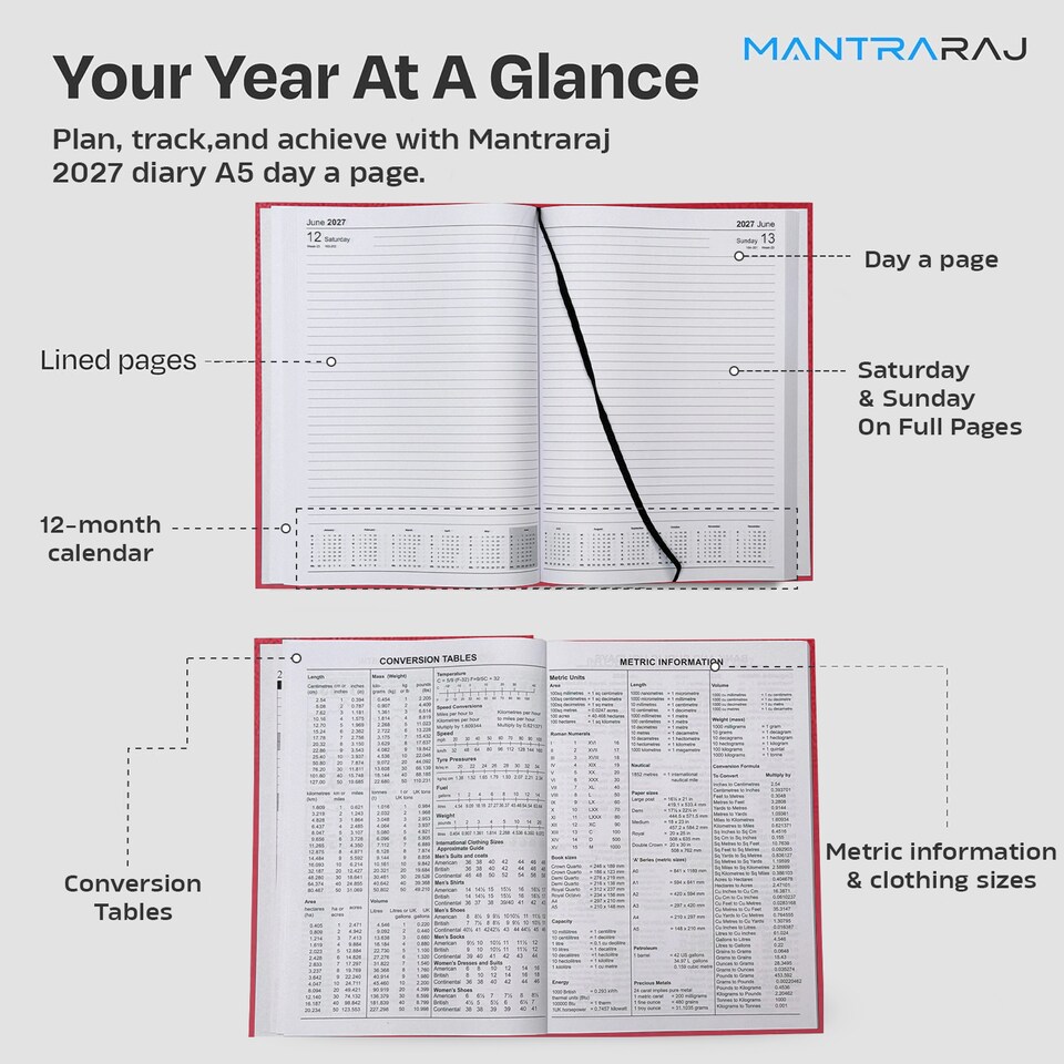 image 1 of MantraRaj 2027 Diary A5 Day a Page Hardback Casebound Cover Desk Diary Organiser Planner Red