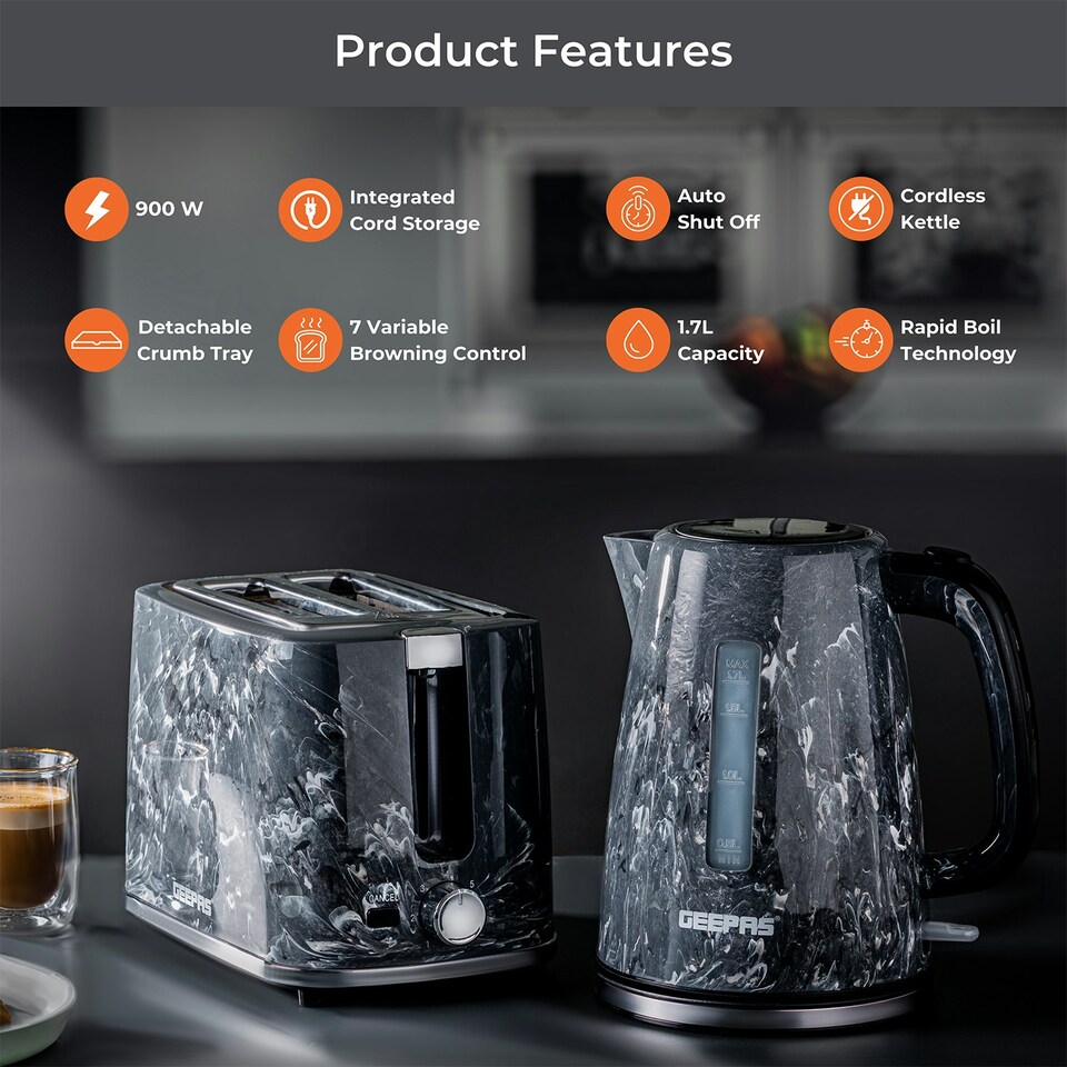 image 1 of GEEPAS 1.7L Electric Kettle, 2 Slice Toaster Combo, Black Black