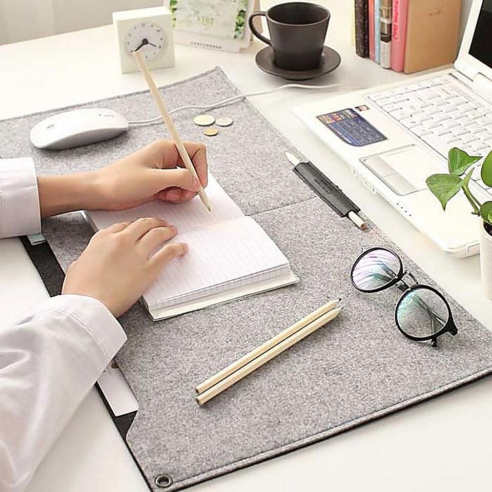 image 1 of Accuratus Felt Full Desk Mouse Pad with Pen & Paper Compartment - Yellow and Grey
