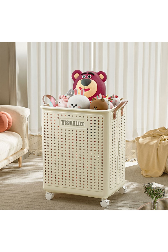 image 1 of Living and Home Foldable Laundry Basket with Wheels, L | Cream | L