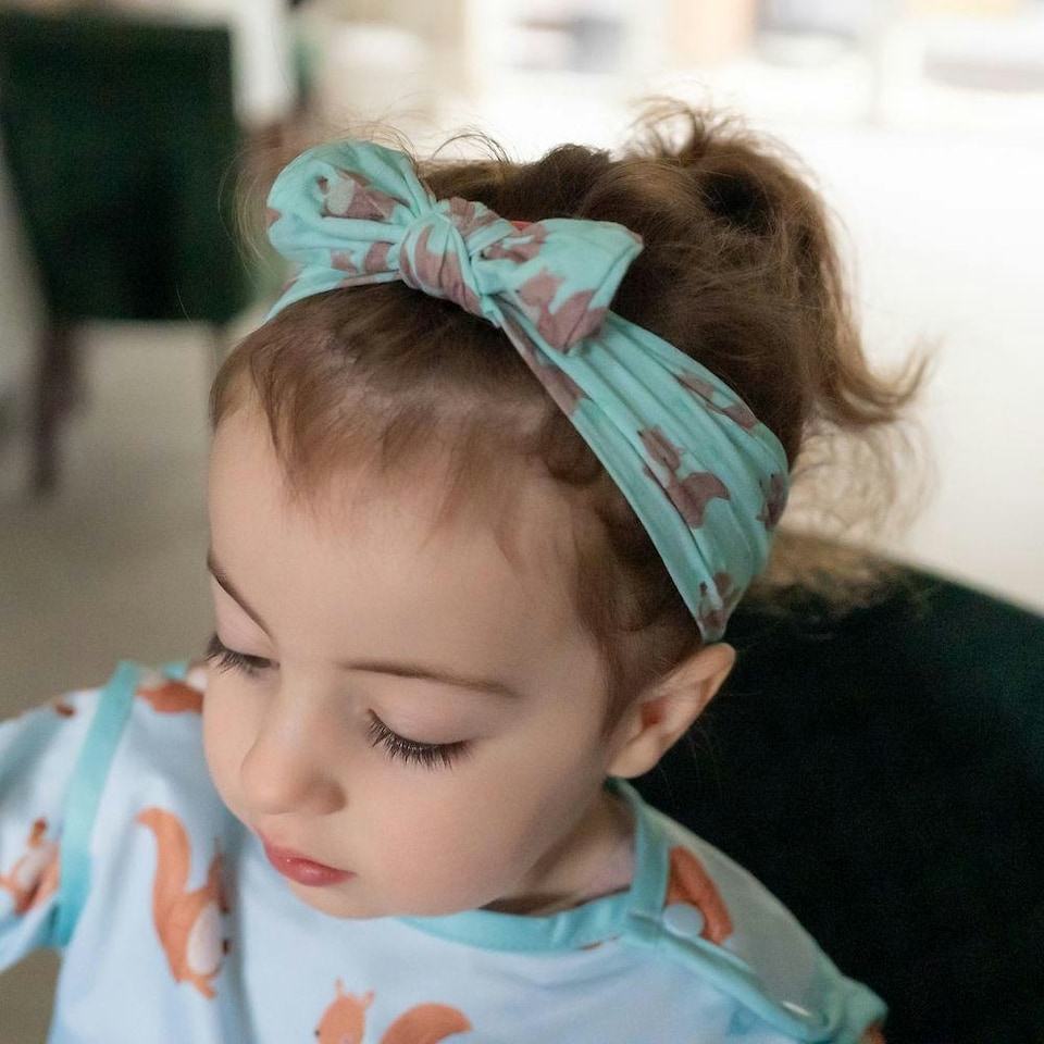 image 1 of Ziggle Baby Top Bow Turban Headband - Squirrel | Blue | 1