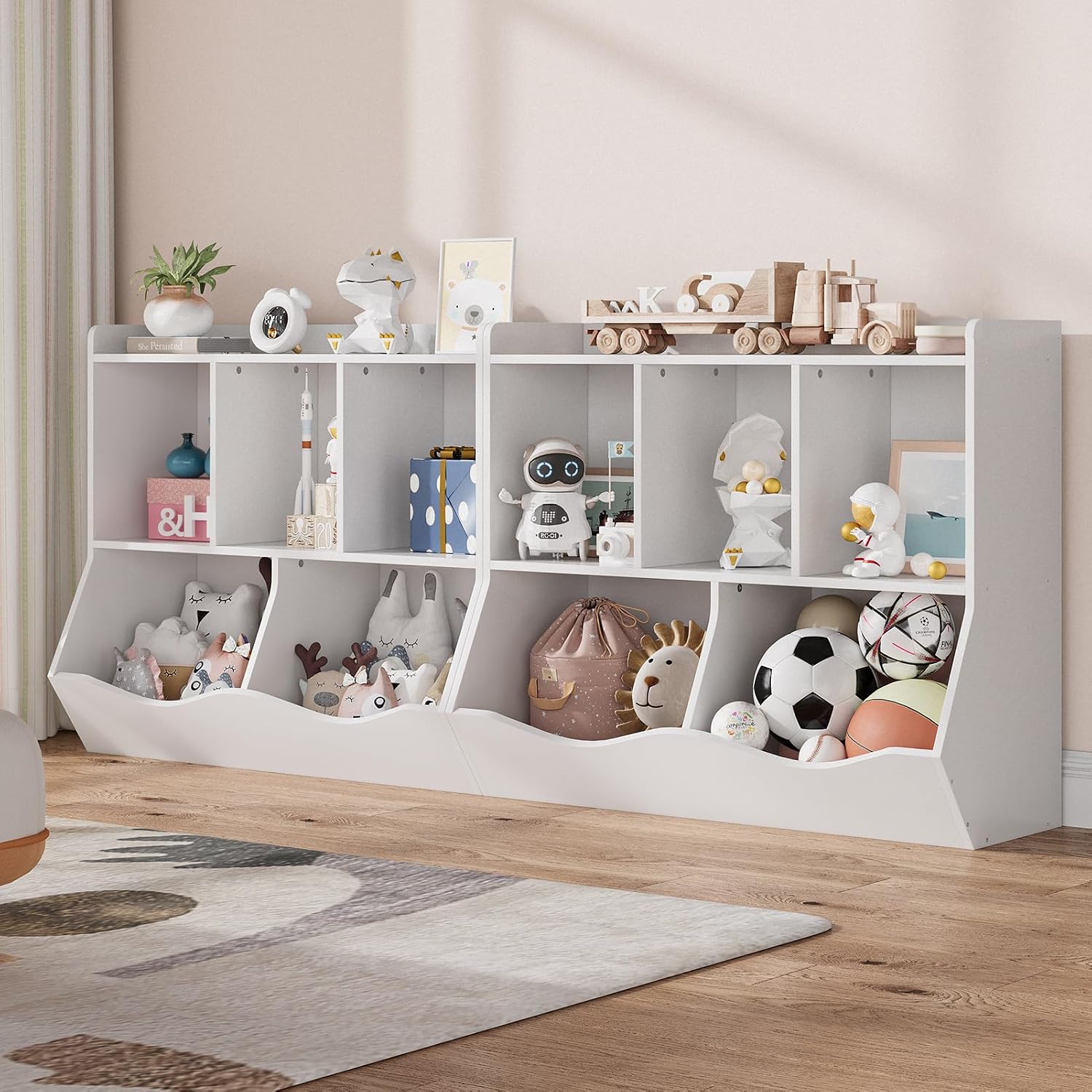 London Boutique 2-Pack 3-Tier Wooden Toy Storage Organizer Kids Bookshelf 5 Section - White