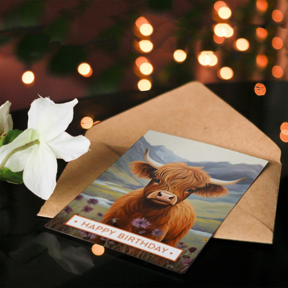 image 1 of Happy Birthday Cute Highland Cow in Scotland Heather Birthday Card
